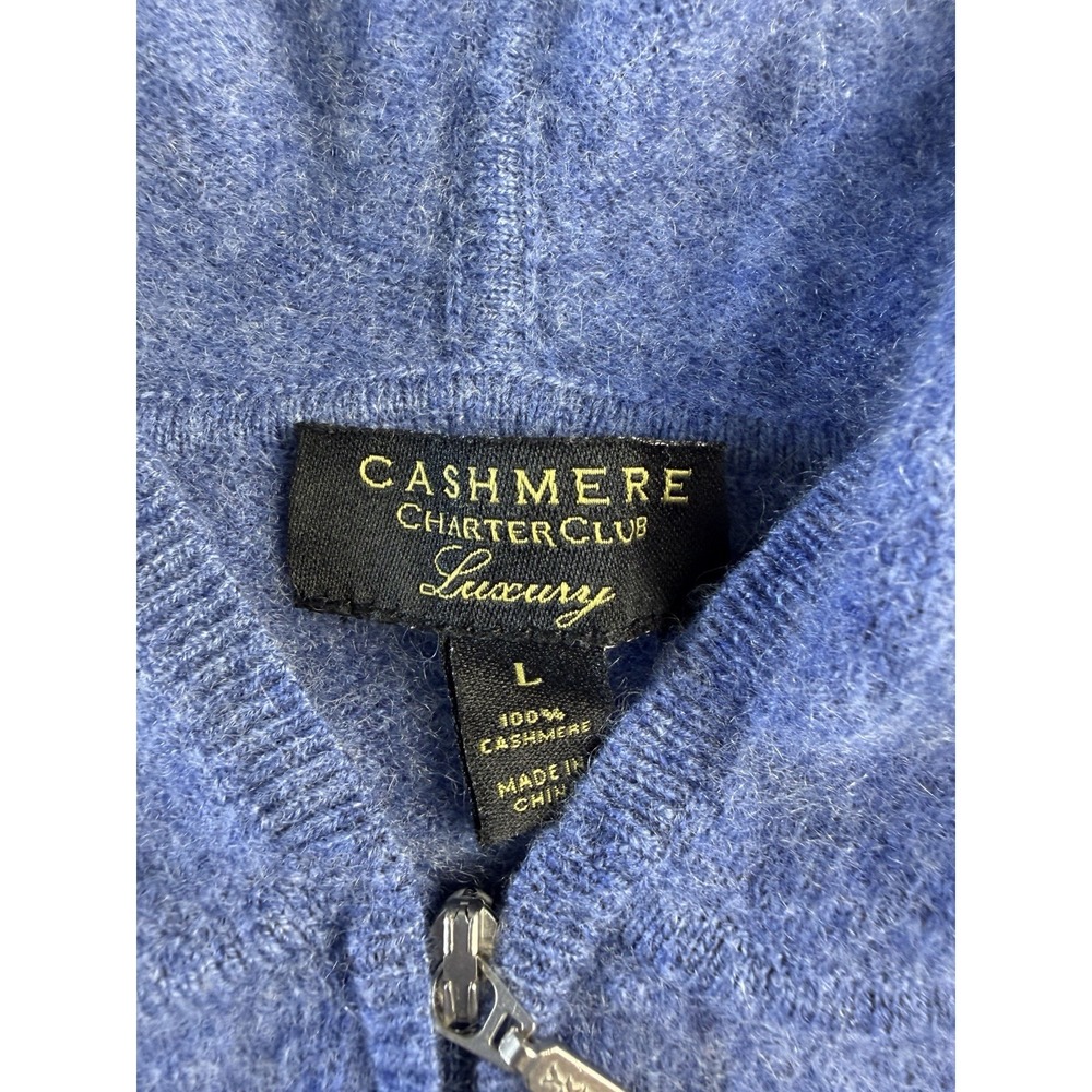 Cashmere Charter Club Luxury Cashmere Full Zip Hooded Hoodie Blue Women L New - Picture 7 of 8